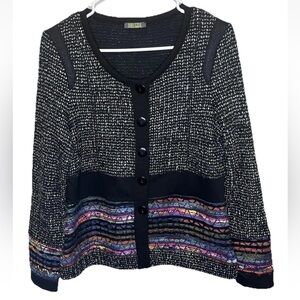Dolcezza Black Knit Jacket Multicolor Textured Trim Button Front Size S EUC